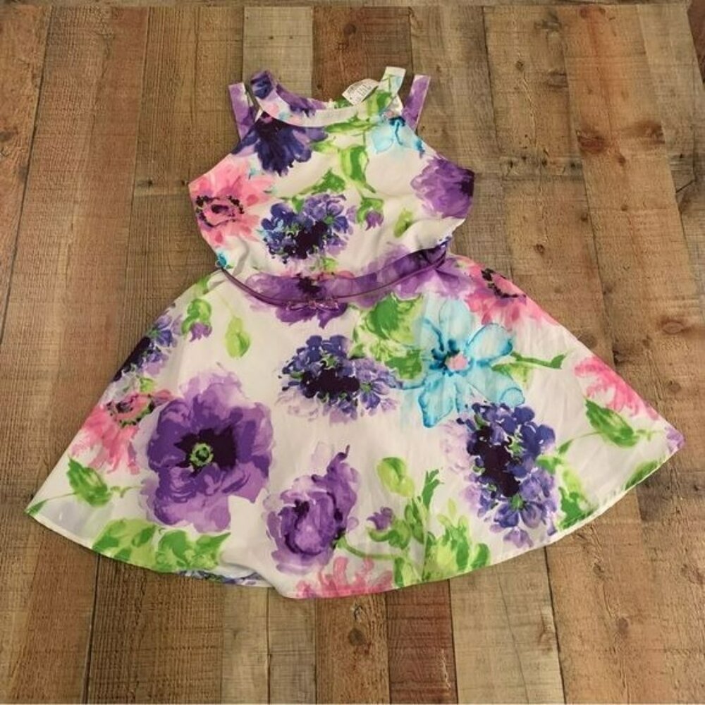 Children’s place girls tank top dress in white with purple flowers and belt -16